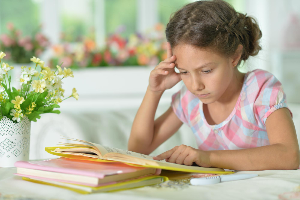 Child struggling to read a book
