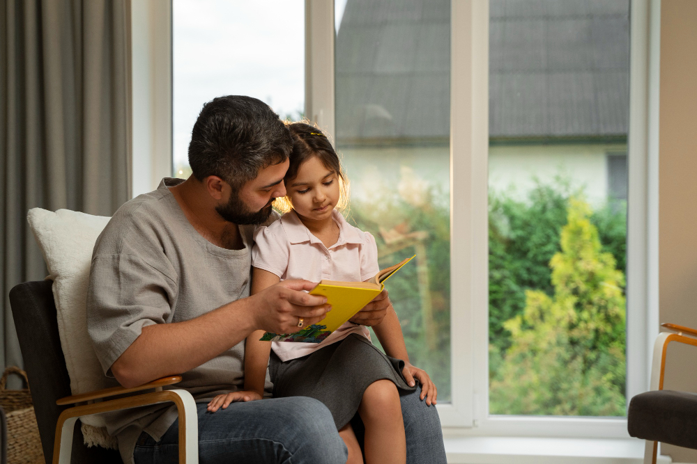 Parent reading a storybook with a child to improve communication and storytelling skills