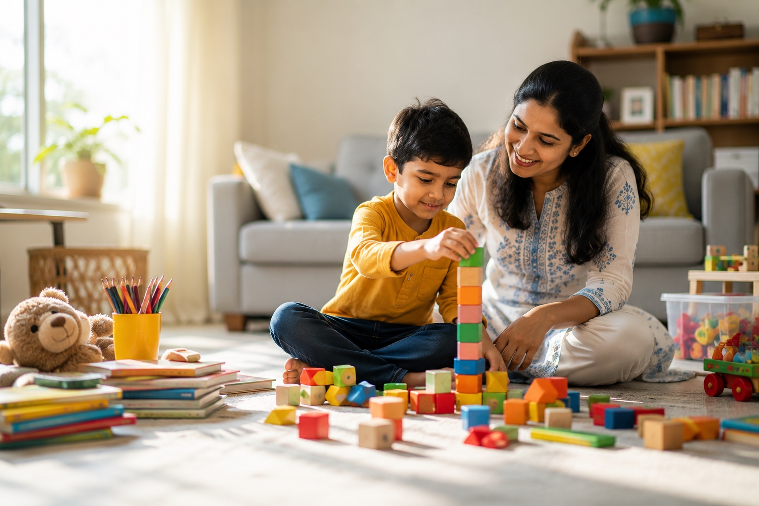 Tender playtime in a cozy living room