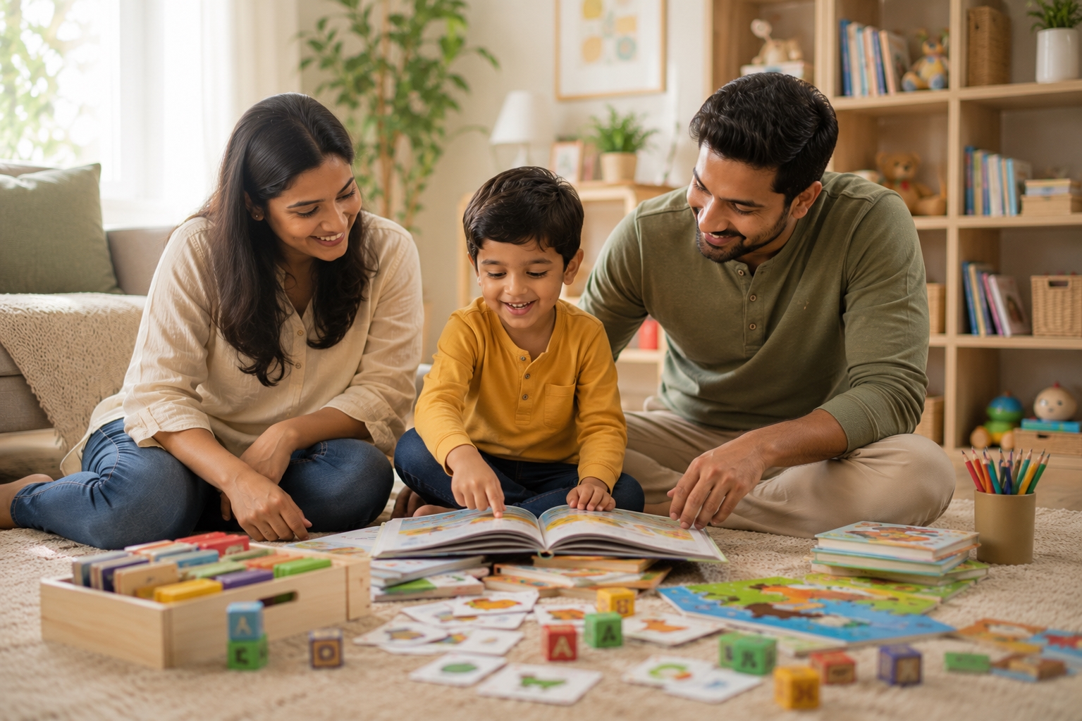 Sunny family learning time in a cozy room