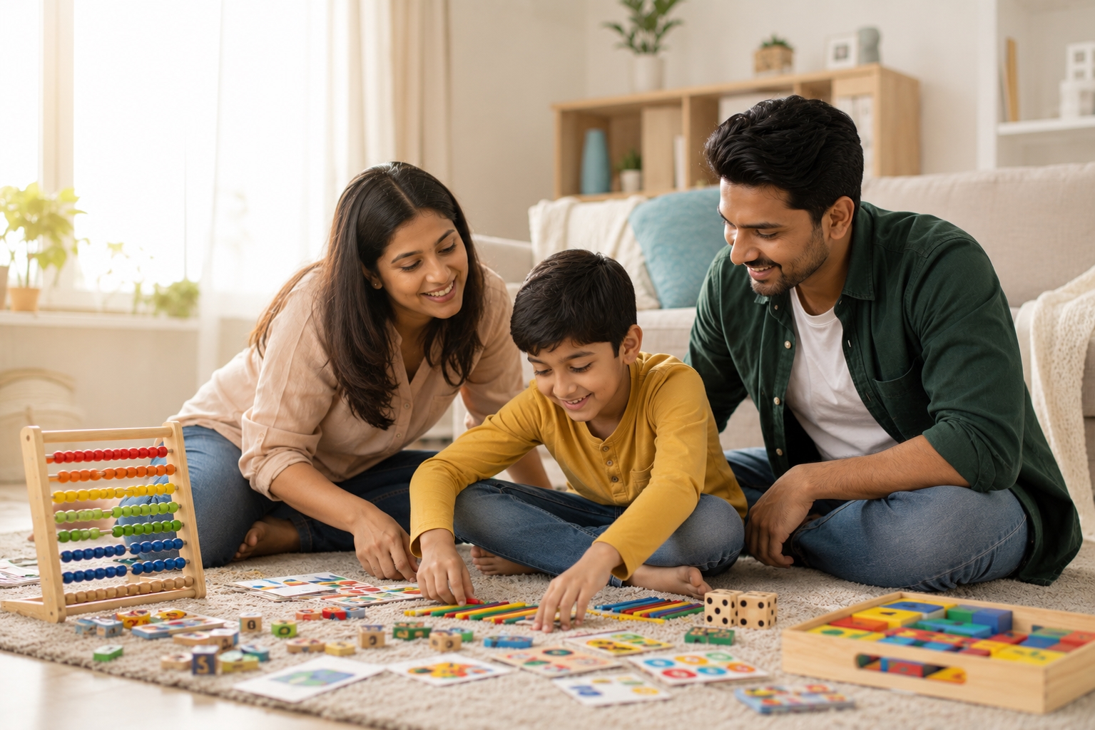 Family playtime in a sunlit living room