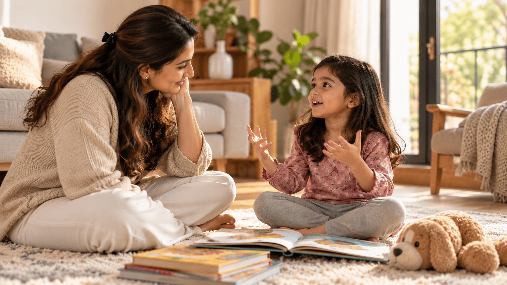 Parent and child reading a storybook together to develop storytelling skills