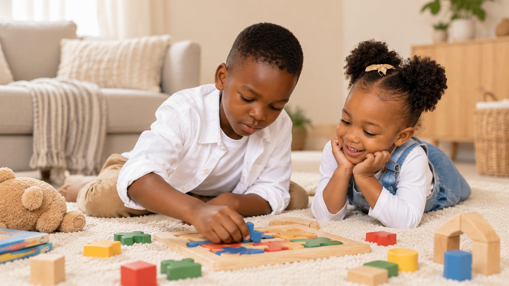 Two young children work together on a colorful wooden puzzle on a soft cream rug in a warm, modern l