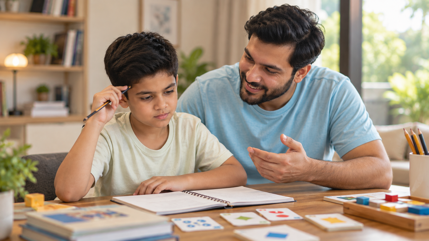 Father and son learning together at a study table, with the boy thoughtfully working through a quest