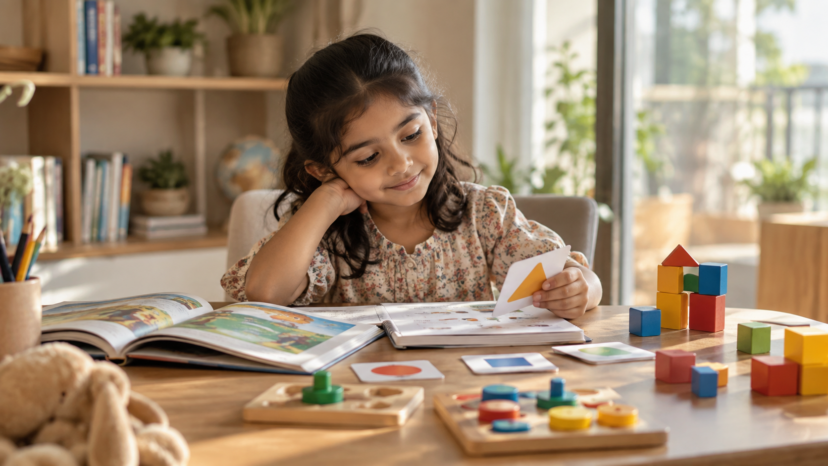 Indian child exploring books, learning cards, blocks, and puzzles at a home study table, showing pla