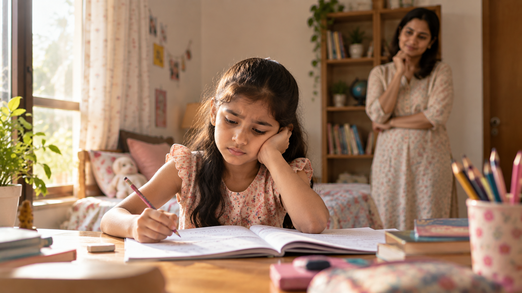 Thoughtful Homework in a Cozy Bedroom