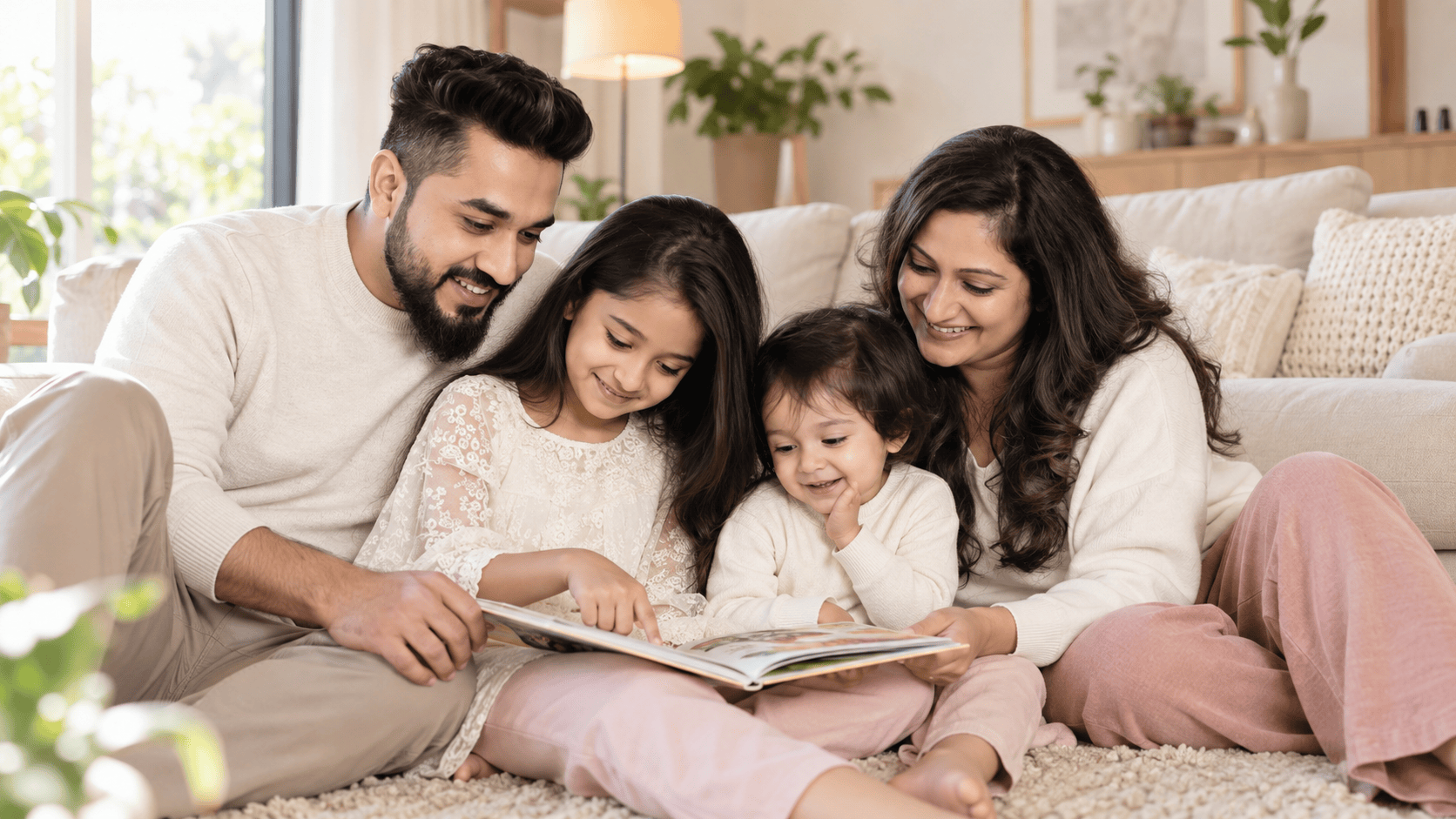 A family of four enjoying a book together on a cozy sofa, sharing a warm and joyful learning moment 